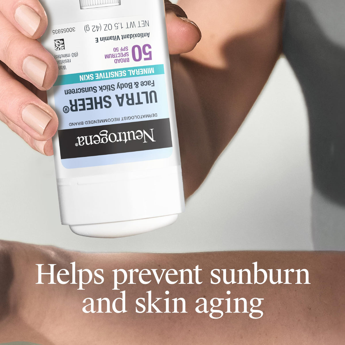 Neutrogena applying stick to cheek showing targeted face coverage and no white residue