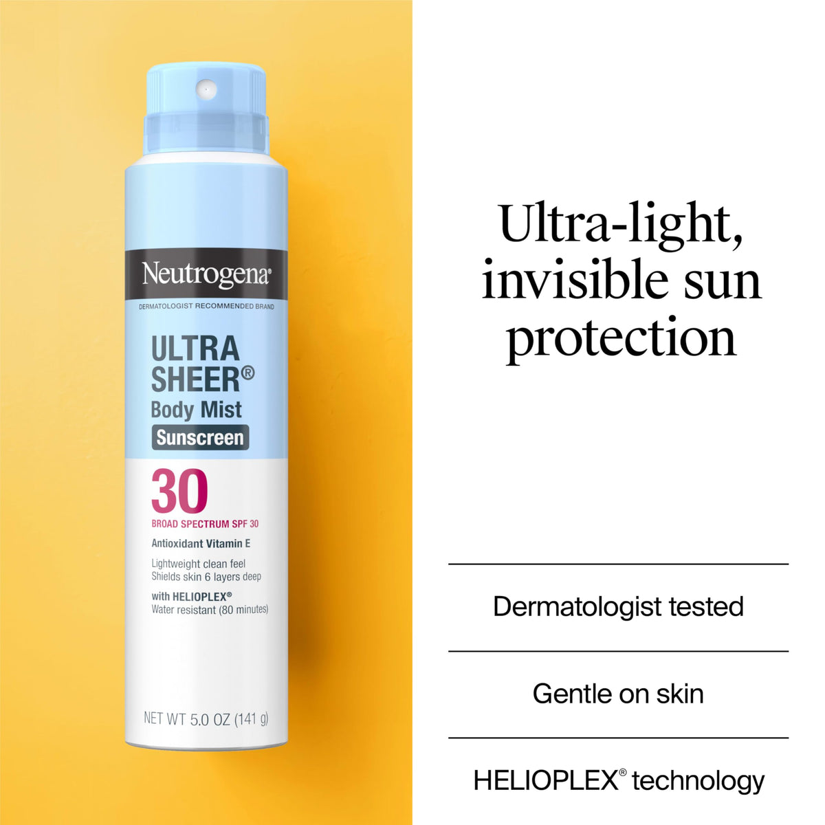 Neutrogena close-up of ingredient and SPF label showing Helioplex technology