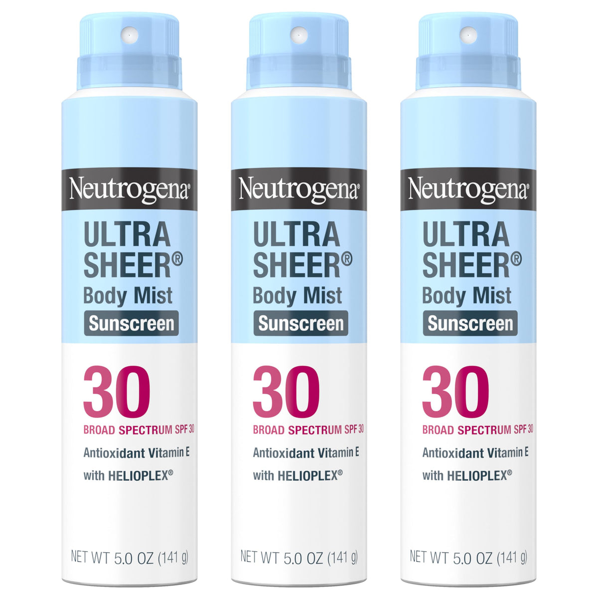 Neutrogena front packaging showing three 5 oz sunscreen sprays and SPF 30 benefit