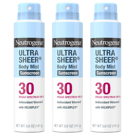 Neutrogena front packaging showing three 5 oz sunscreen sprays and SPF 30 benefit