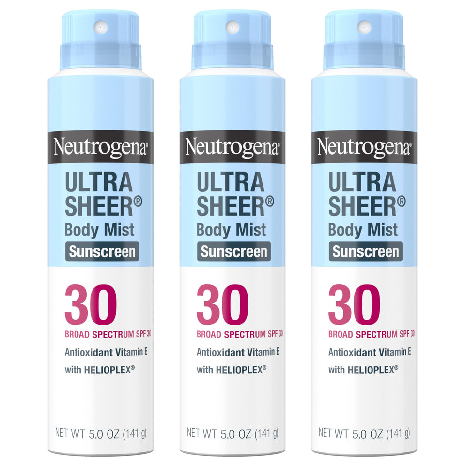 Neutrogena front packaging showing three 5 oz sunscreen sprays and SPF 30 benefit