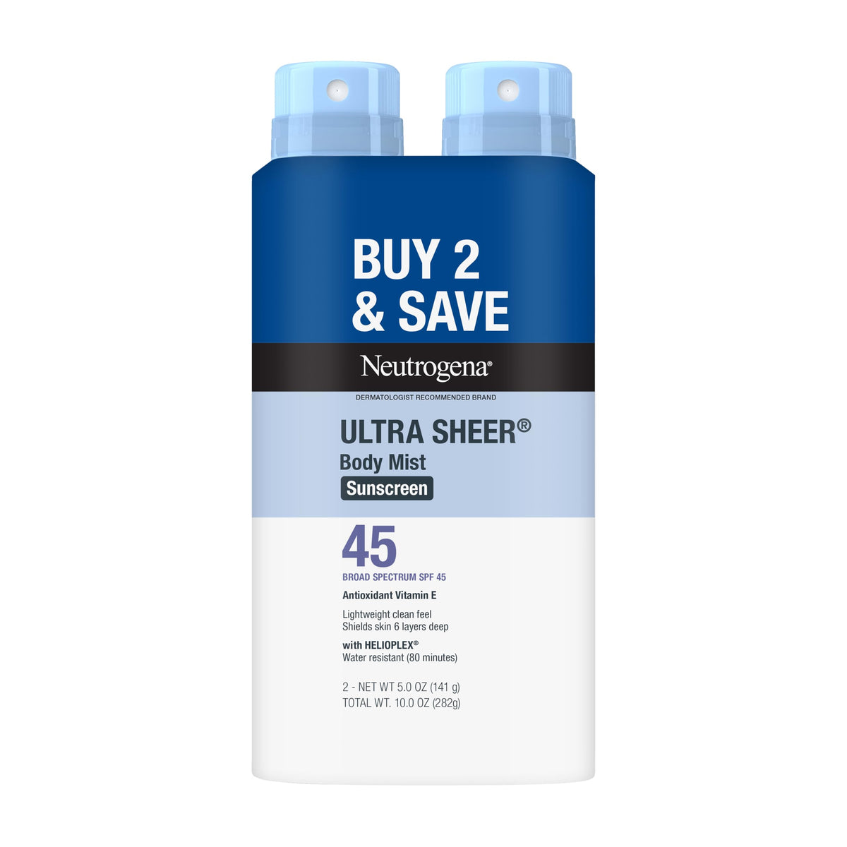 neutrogena front packaging twin pack showing SPF 45 and convenience