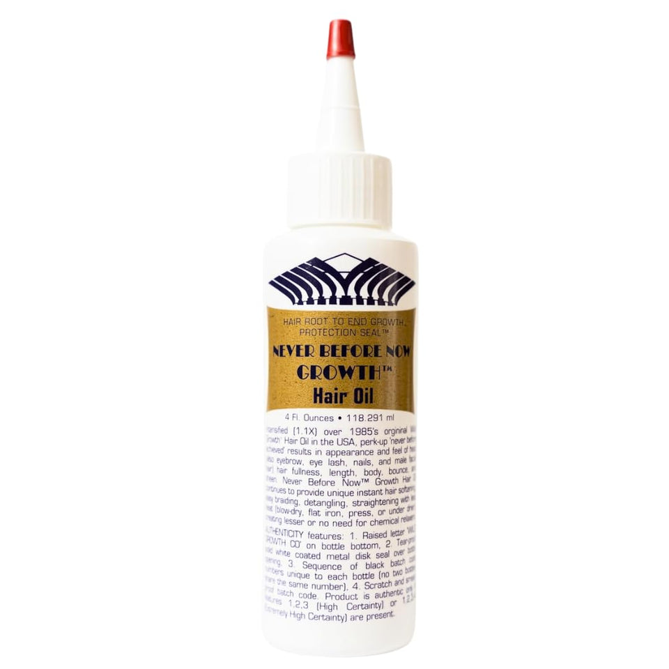 Never Before Now bottle front view showing nourishing oil for softer, shinier hair
