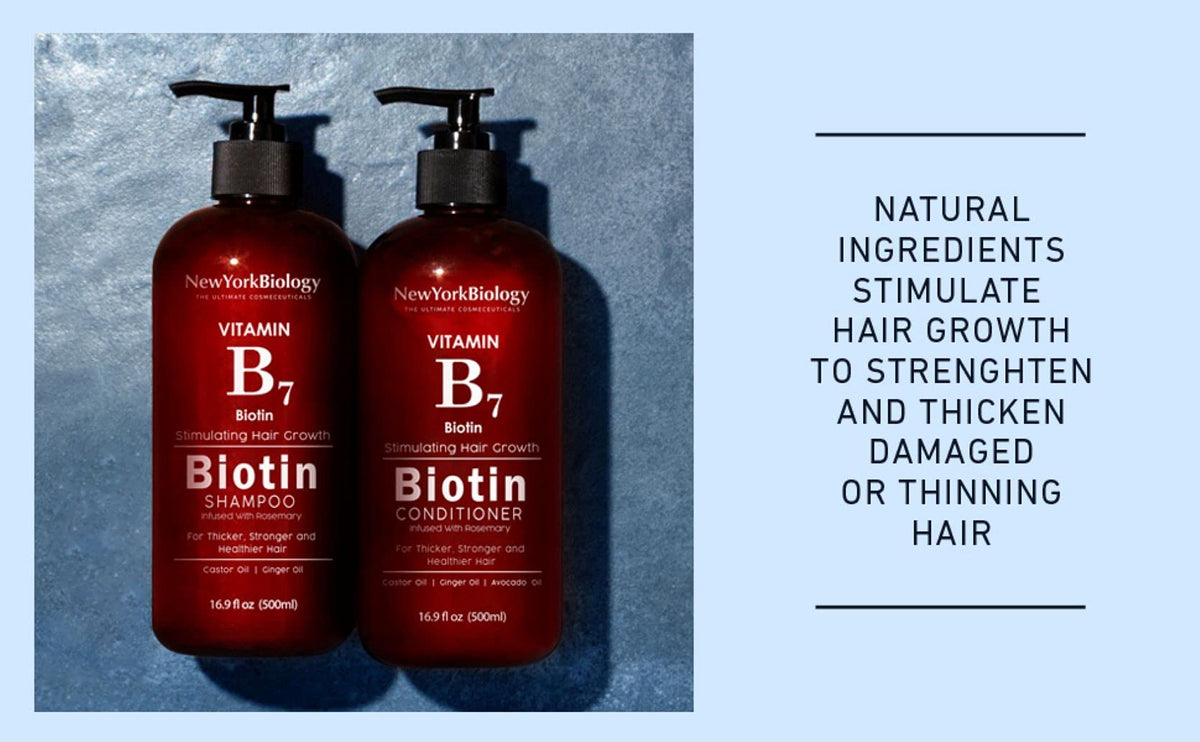 NEW YORK BIOLOGY close-up pump and label on biotin shampoo, easy dispensing benefit