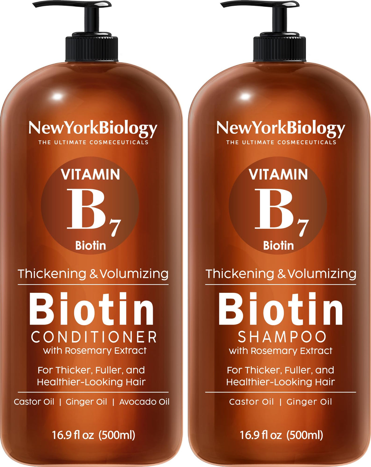 NEW YORK BIOLOGY front packaging of shampoo and conditioner, clear product identification benefits