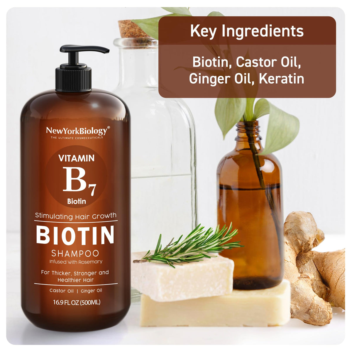 NEW YORK BIOLOGY label and pump detail highlighting usage info and easy dispensing benefit