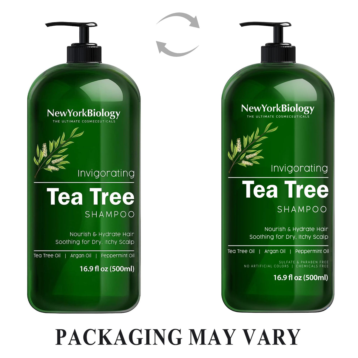 New York Biology label detail highlighting tea tree essence and clean formula benefit