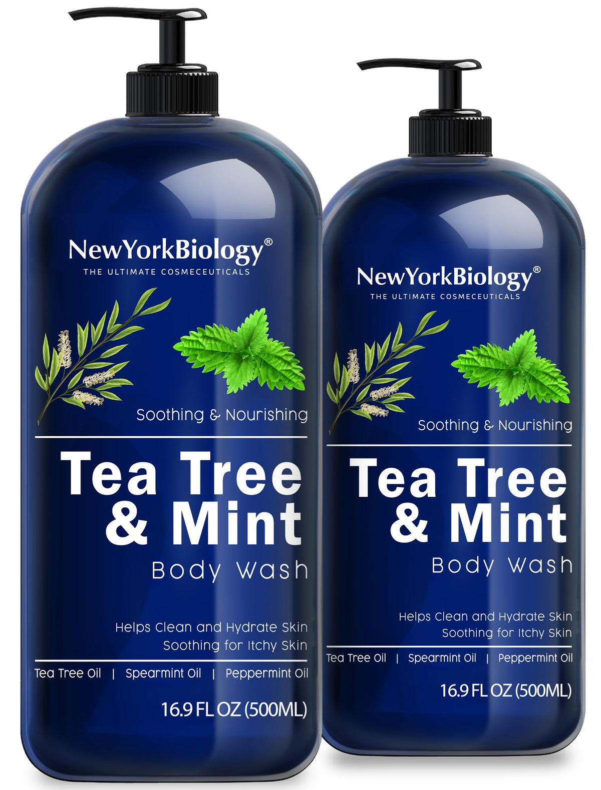 New York Biology front packaging showing dual 16.9 fl oz bottles and clear label benefit