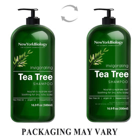 Close-up of New York Biology label highlighting tea tree essence and ingredient clarity