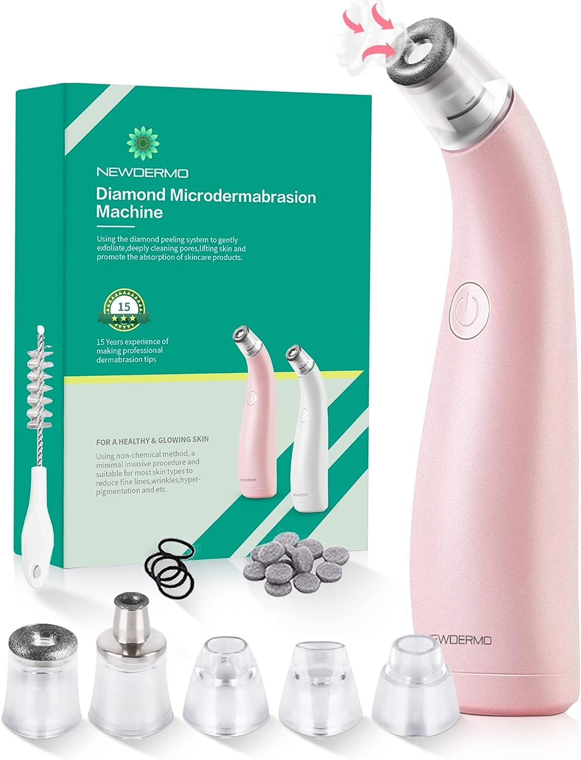 NEWDERMO front view of pink microdermabrasion device showing controls and finish for easy handling