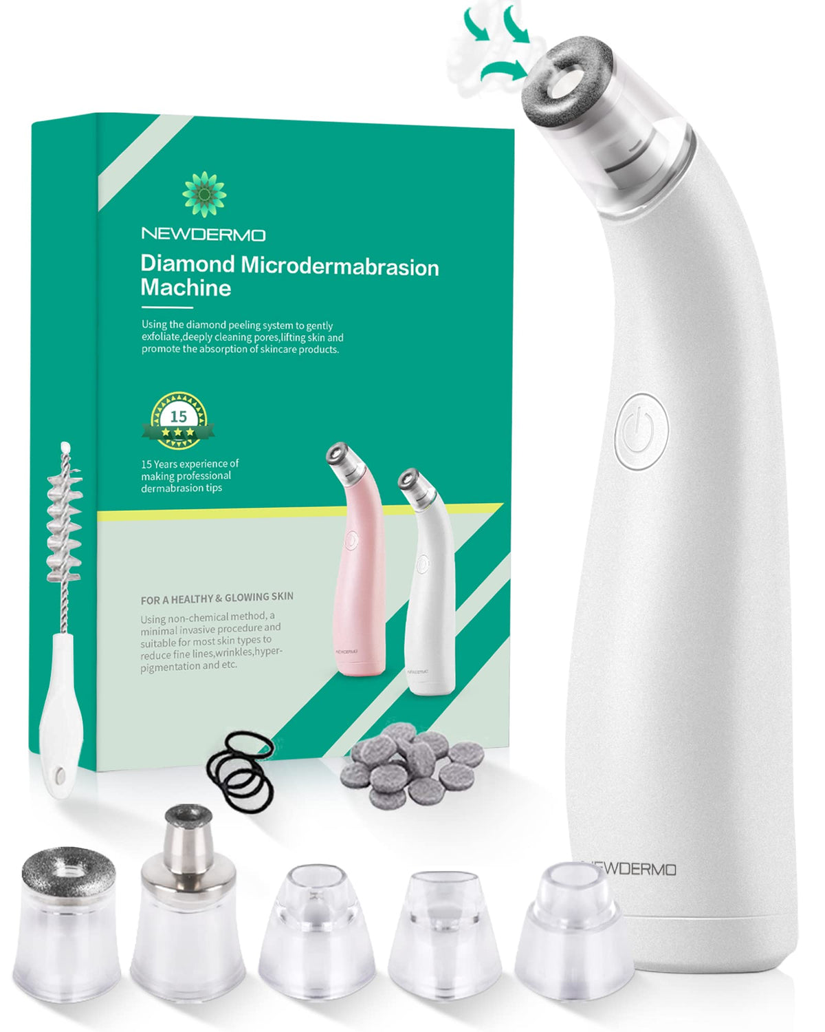 NEWDERMO front view of white microdermabrasion device showing ergonomic design and portability