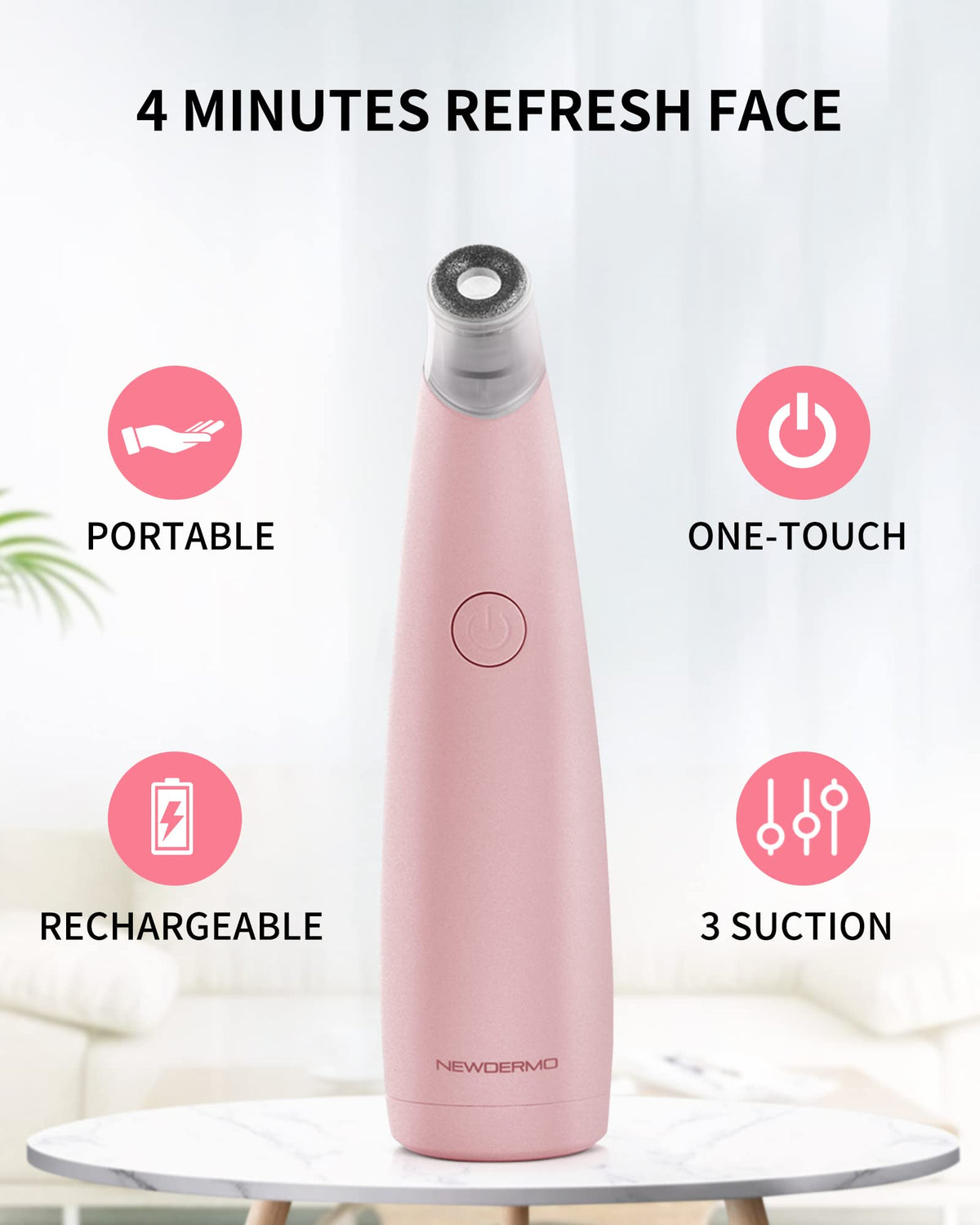 NEWDERMO device in use on cheek demonstrating gentle suction for clearer pores