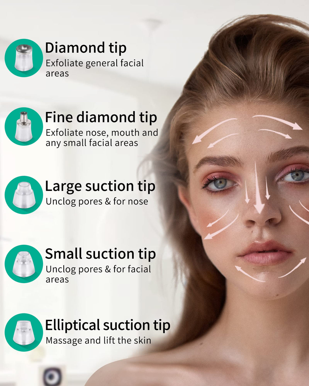NEWDERMO suction head detail showing nozzle for impurity removal and clearer pores
