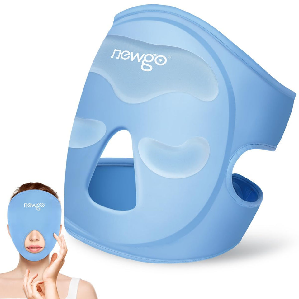 NEWGO front view showing full-face mask and packaging, highlights ease of use