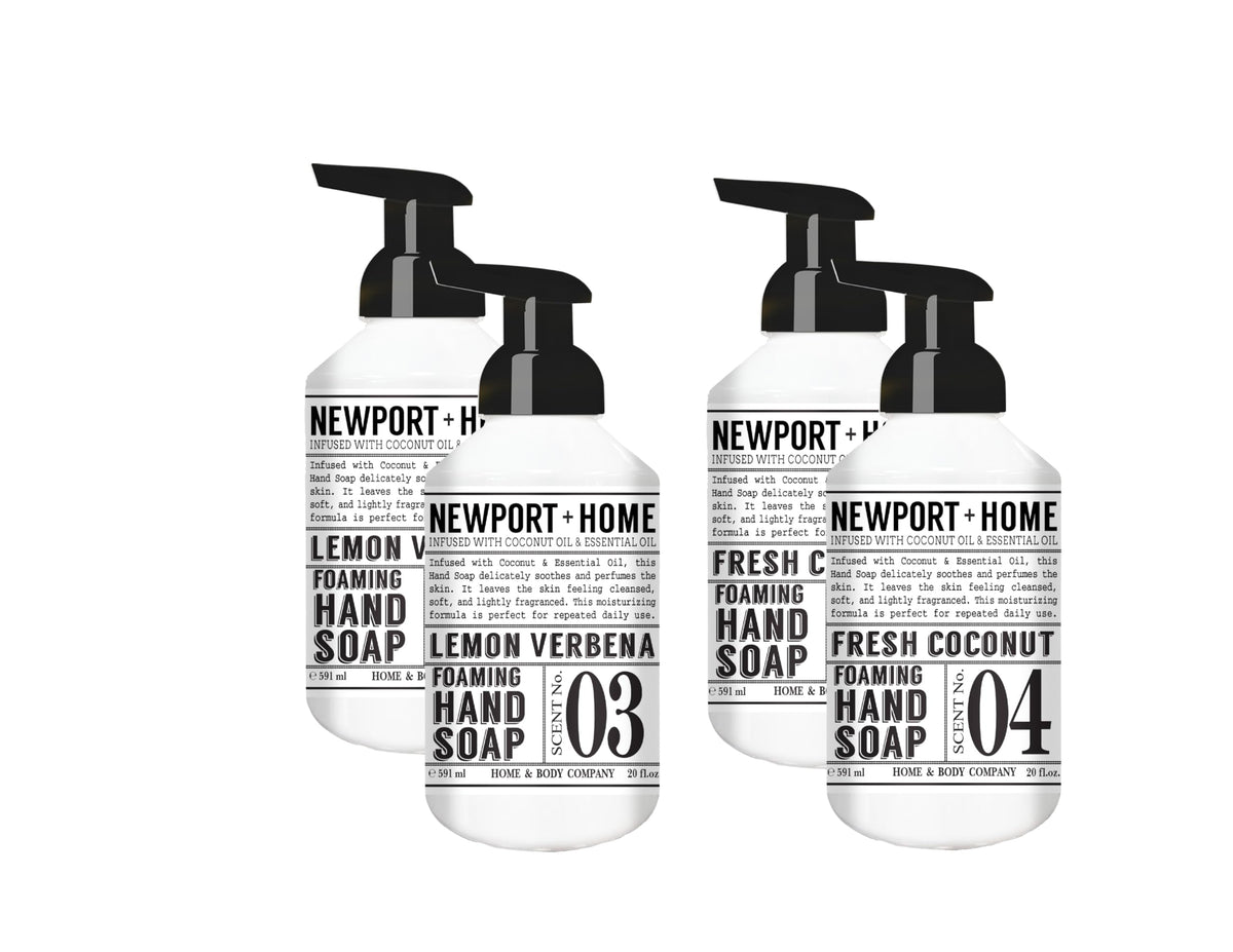 Home & Body Company front packaging showing four 20oz bottles, neat sink presentation