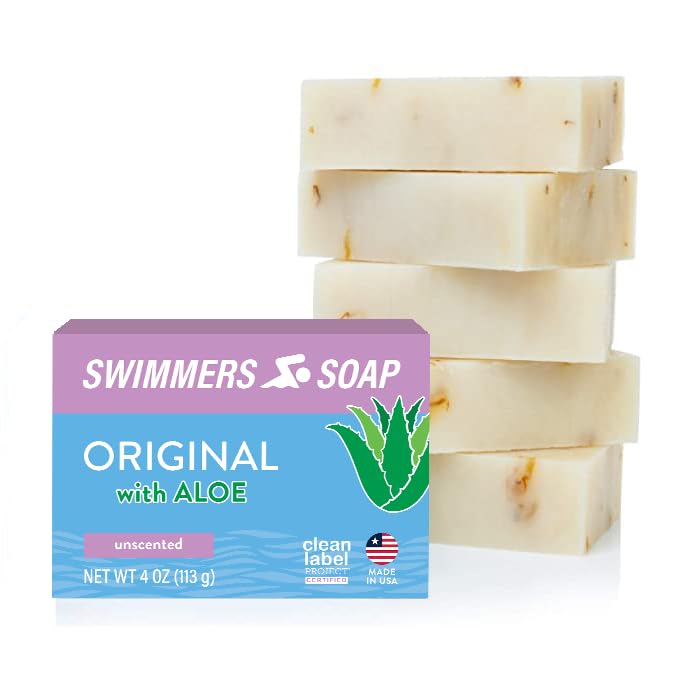 Newton Bay front packaging showing five 4 oz swimmers soap bars and a clear benefit of chlorine relief