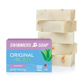 Newton Bay front packaging showing five 4 oz swimmers soap bars and a clear benefit of chlorine relief