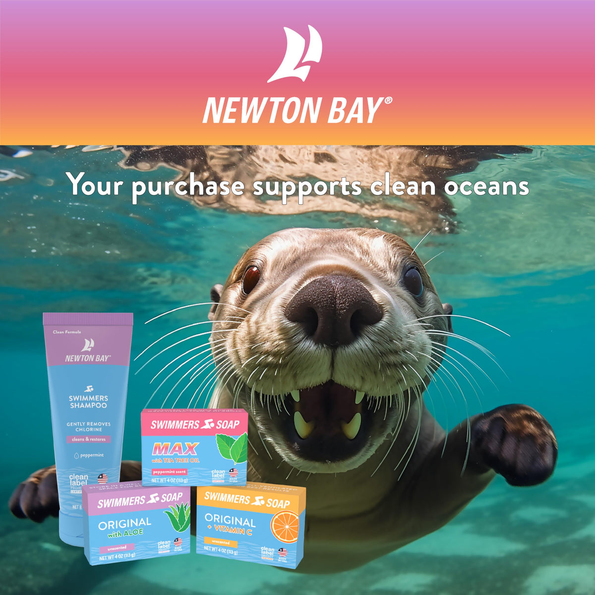 Newton Bay product label and Clean Label Project certification highlighting ingredient transparency
