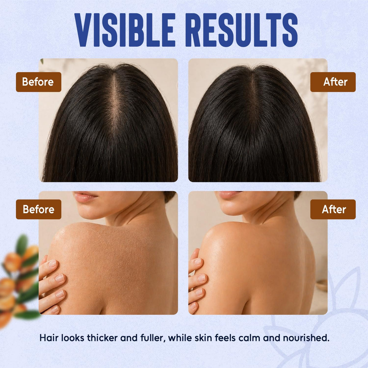 Nexon Botanics applied to hair ends demonstrating frizz control and visible shine