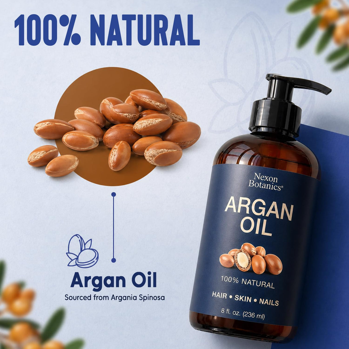 Nexon Botanics label and amber PET bottle showing pure cold-pressed argan oil