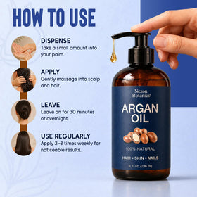 Nexon Botanics argan oil pour close-up highlighting silky texture and quick absorption