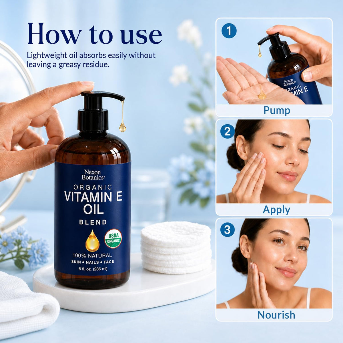 Nexon Botanics applied to legs and elbows for visible moisturized, softened skin