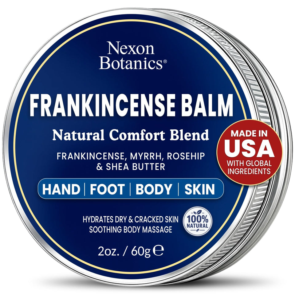 Nexon Botanics jar front view showing compact balm and clear branding for travel convenience