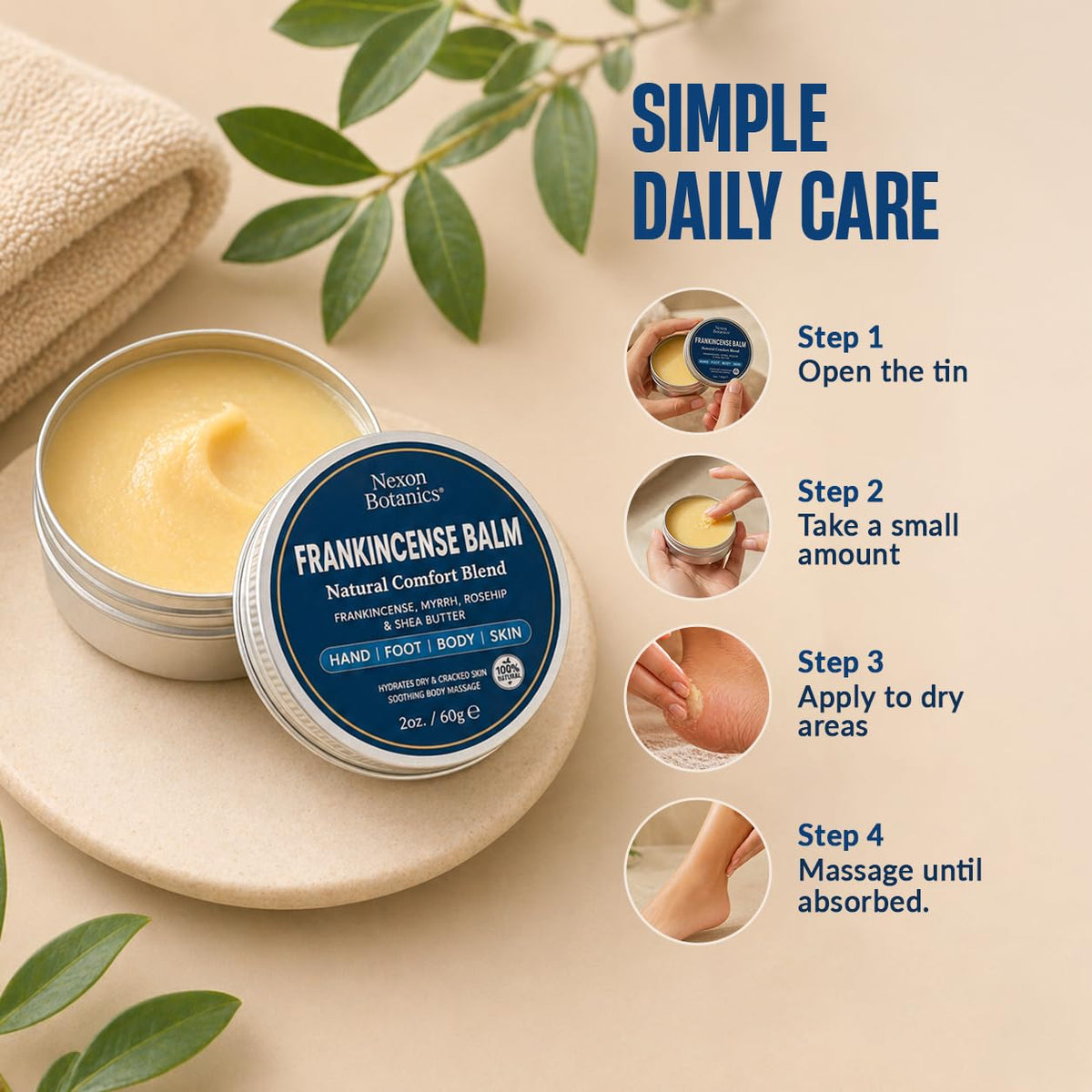 Applying Nexon Botanics balm to neck during massage for soothing, warming relief
