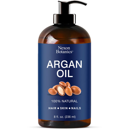 Nexon Botanics front bottle of argan oil showcasing natural packaging and protection