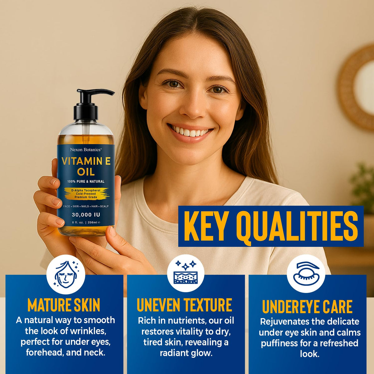 Nexon Botanics oil pouring a drop highlighting smooth absorption benefit