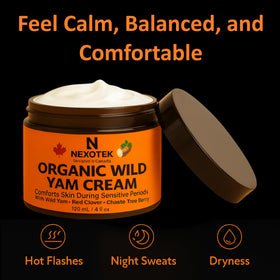 NexoTek wild yam and botanical ingredients flatlay highlighting natural formulation benefits