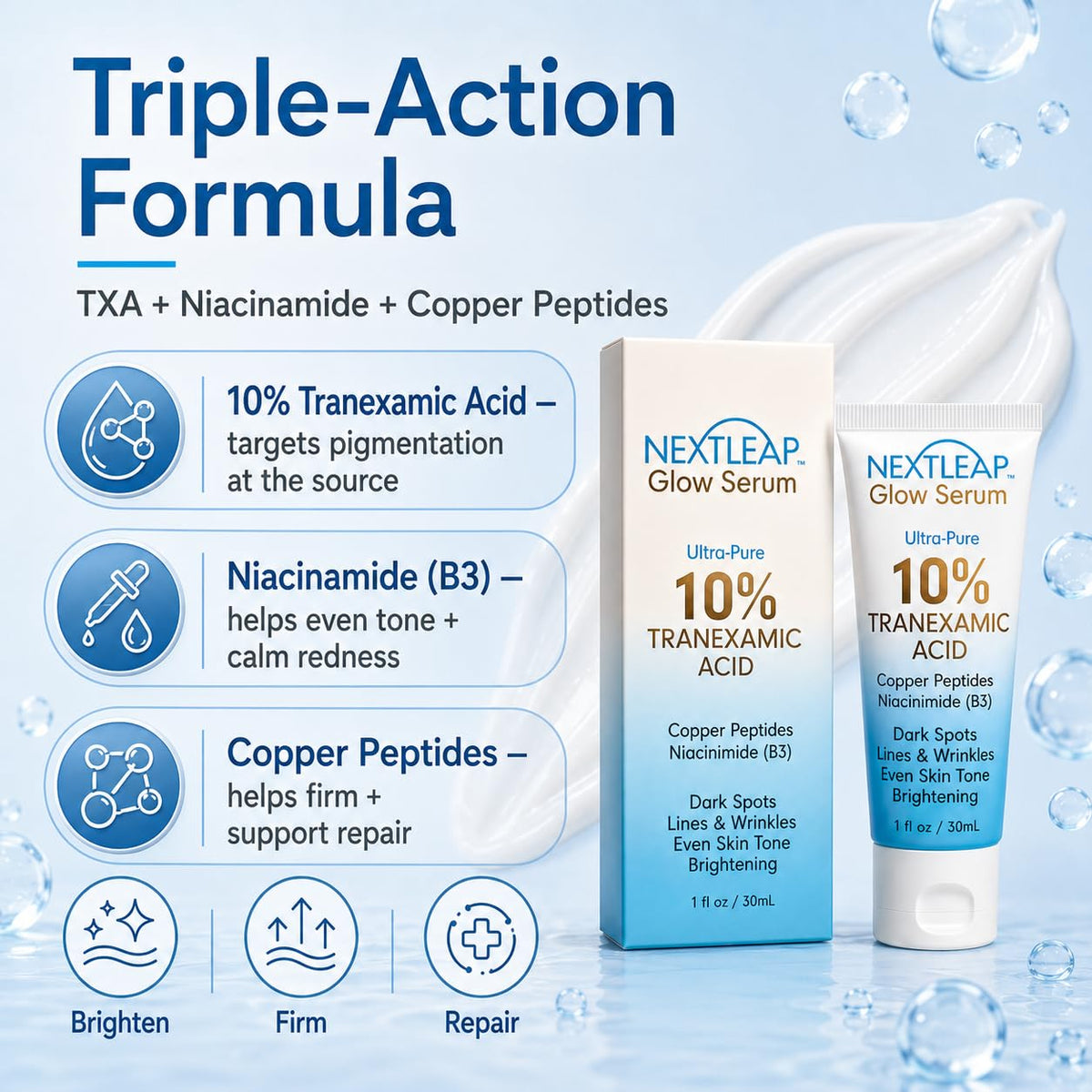 Next Leap pump dispensing serum texture for fast absorption benefit