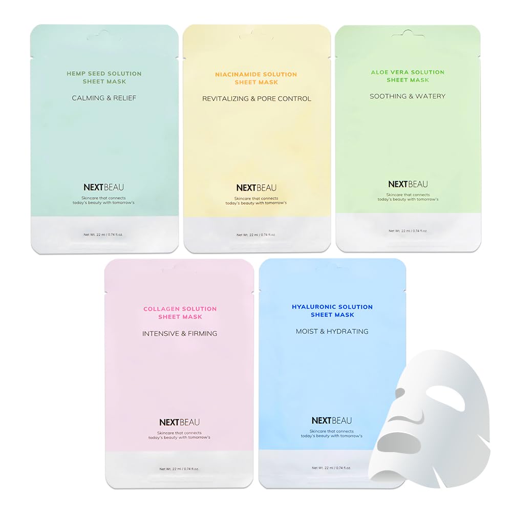 NEXTBEAU front packaging showing 20 masks and variety benefits