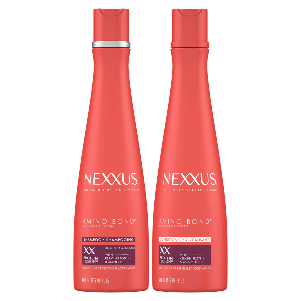 Nexxus front packaging showing bond repair benefits and 13.5 oz size