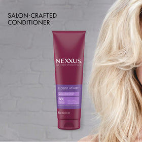 Nexxus conditioner applied to blonde hair demonstrating toning action