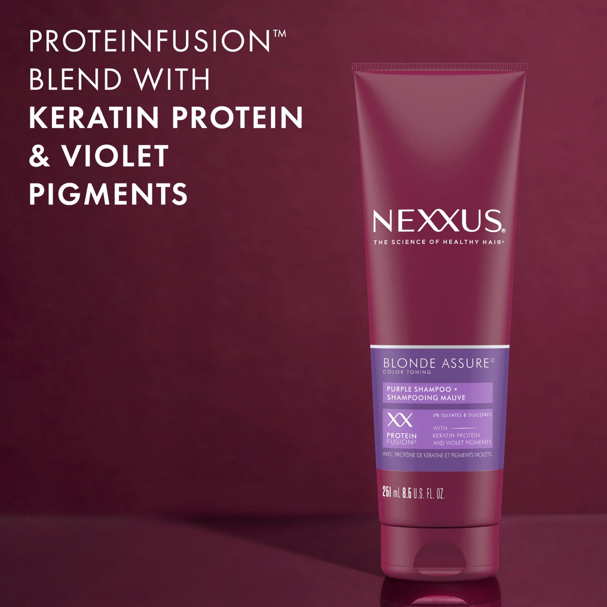 Nexxus shampoo in shower applied to hair to neutralize brassiness