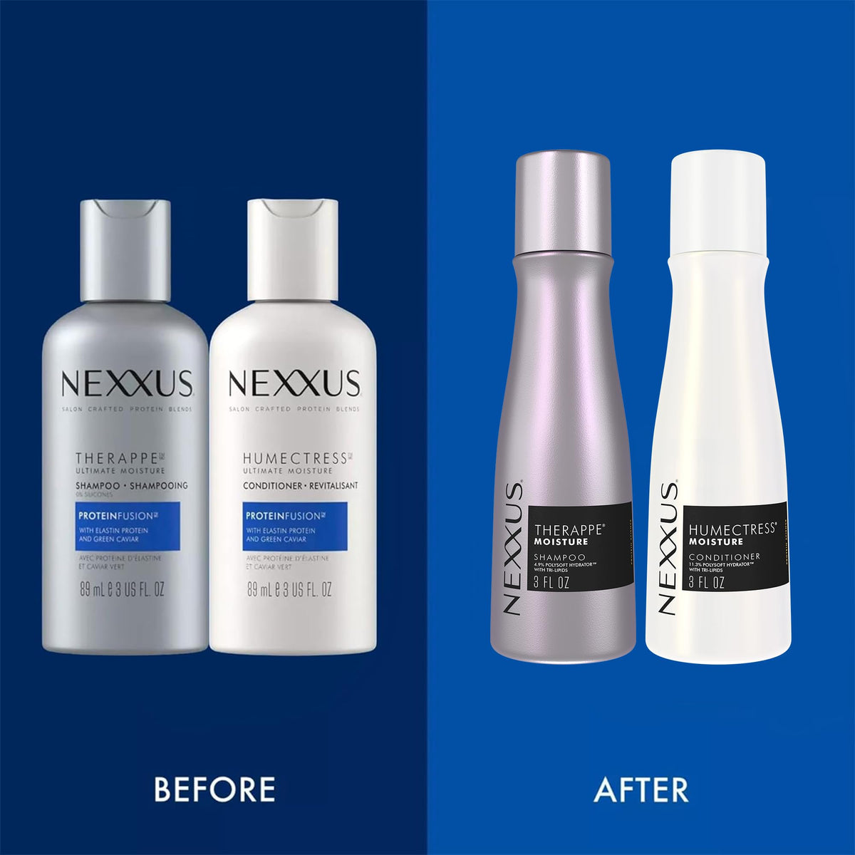 Nexxus bottles beside toothbrush for size comparison and convenient travel use