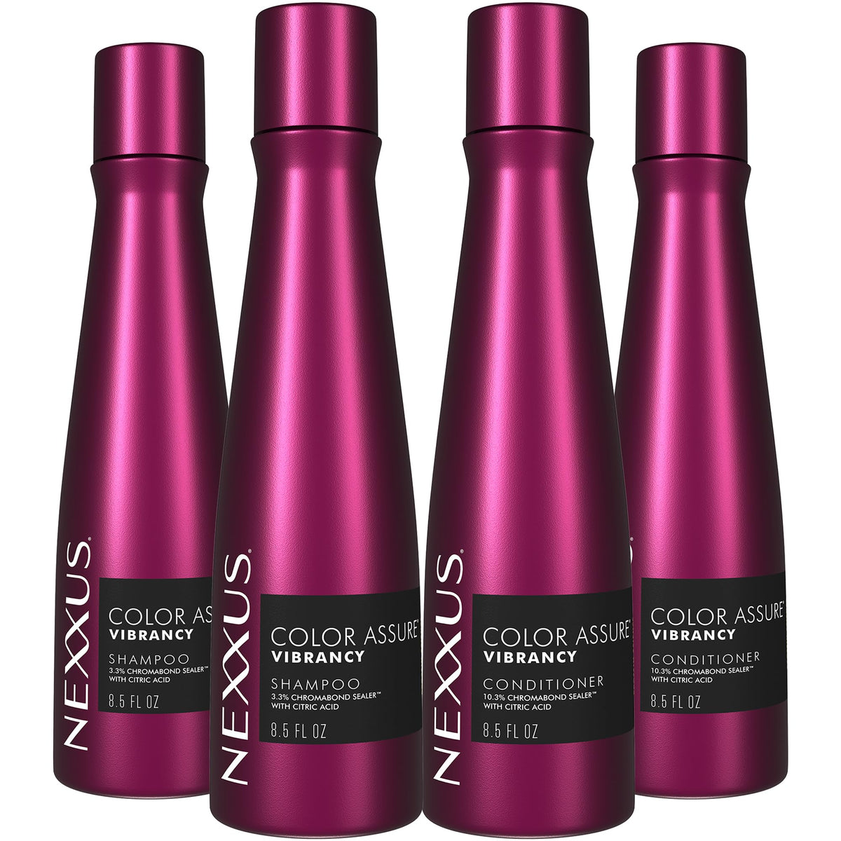 Nexxus front packaging showing two shampoo and two conditioner bottles for color protection
