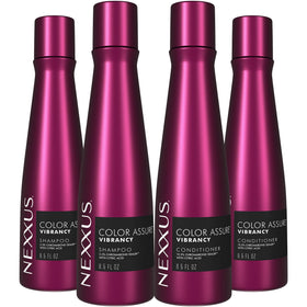 Nexxus front packaging showing two shampoo and two conditioner bottles for color protection