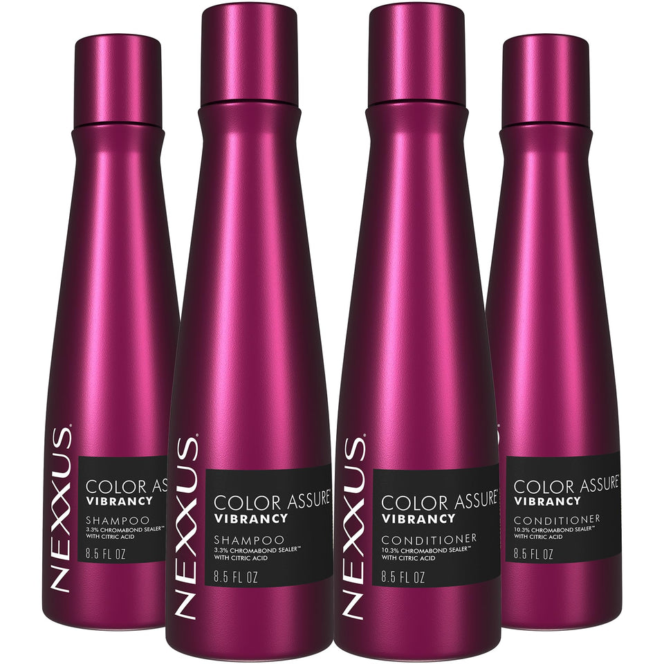 Nexxus front packaging showing two shampoo and two conditioner bottles for color protection