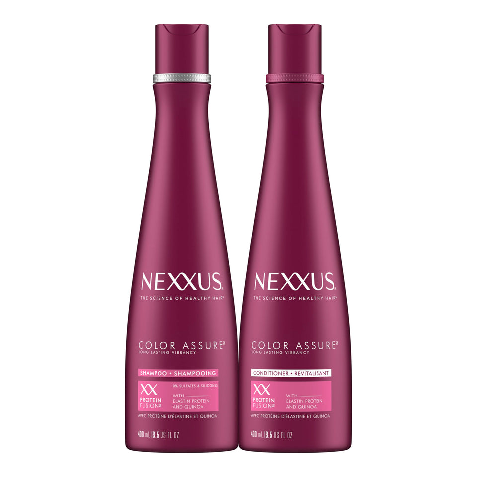 Nexxus front packaging showing shampoo and conditioner, promotes long-lasting color