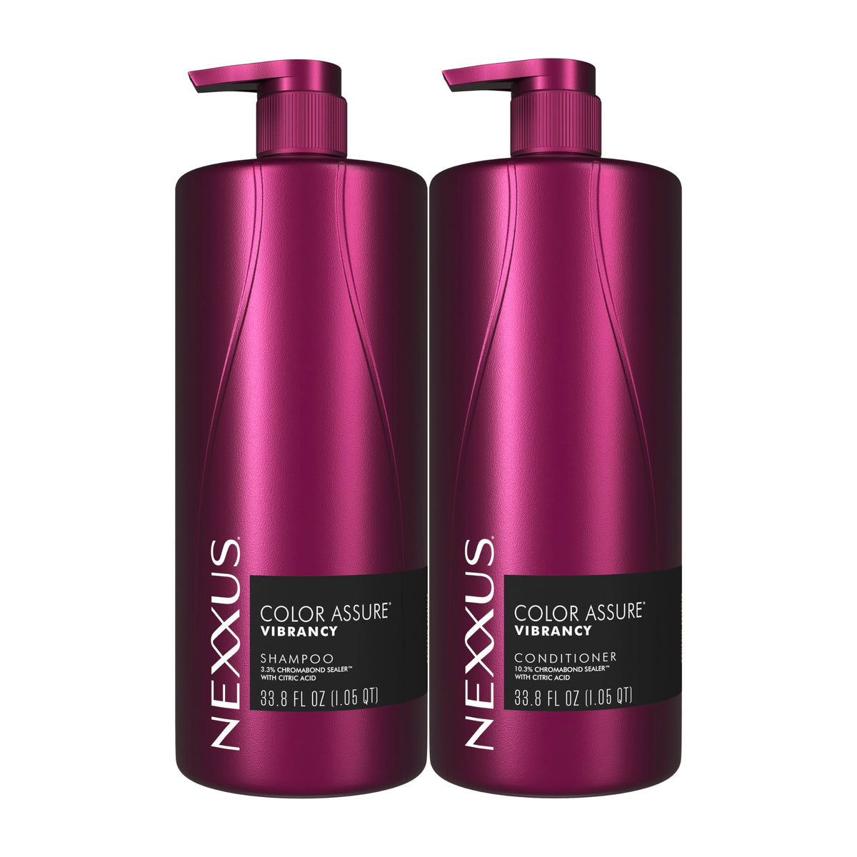 Nexxus front packaging showing twin bottles for long-lasting color