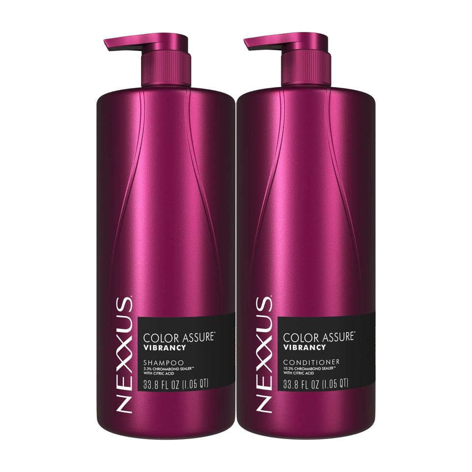 Nexxus front packaging showing twin bottles for long-lasting color