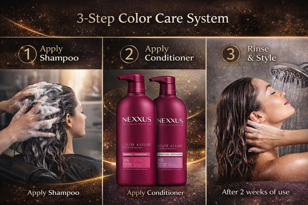 Woman with vibrant colored hair after Nexxus routine showing color boost