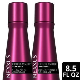 Nexxus bottles held in hand to show 8.5 oz size and travel-friendly convenience