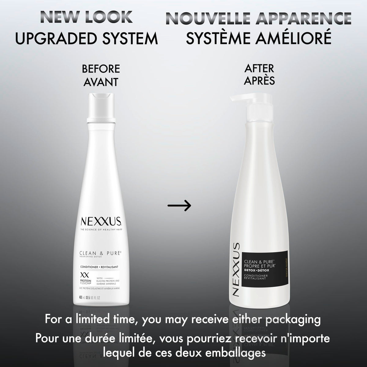 Nexxus conditioner applied to wet hair demonstrating buildup removal and slip