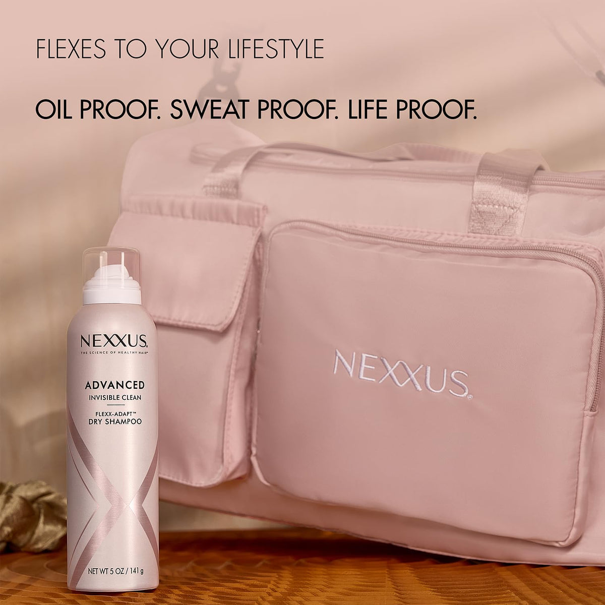 Nexxus bottle inside gym bag emphasizing post-workout quick refresh benefit
