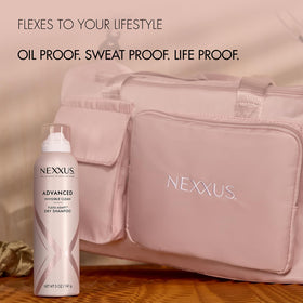 Nexxus bottle inside gym bag emphasizing post-workout quick refresh benefit