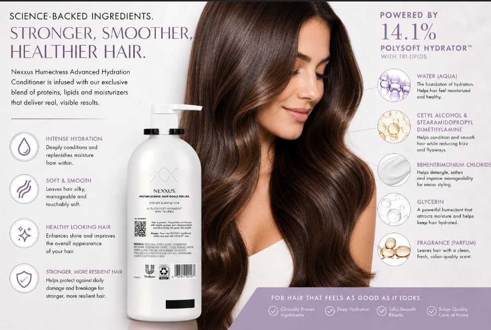 Close-up of Nexxus Humectress label highlighting Caviar & Protein Complex benefits