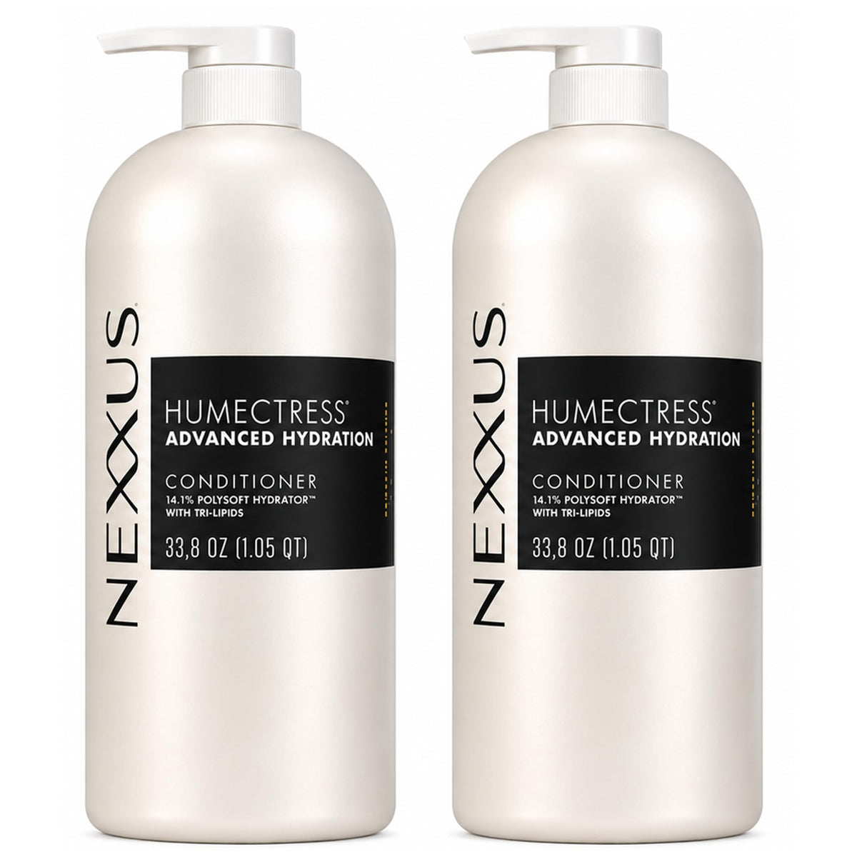 Nexxus Humectress front packaging showing twin 33.8 oz bottles and benefits